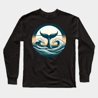 Hand drawn whale tail Retro ocean waves Long Sleeve T-Shirt